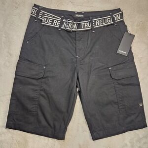 True Religion Black Belted Logo Cargo Shorts Men's Size‎ 33